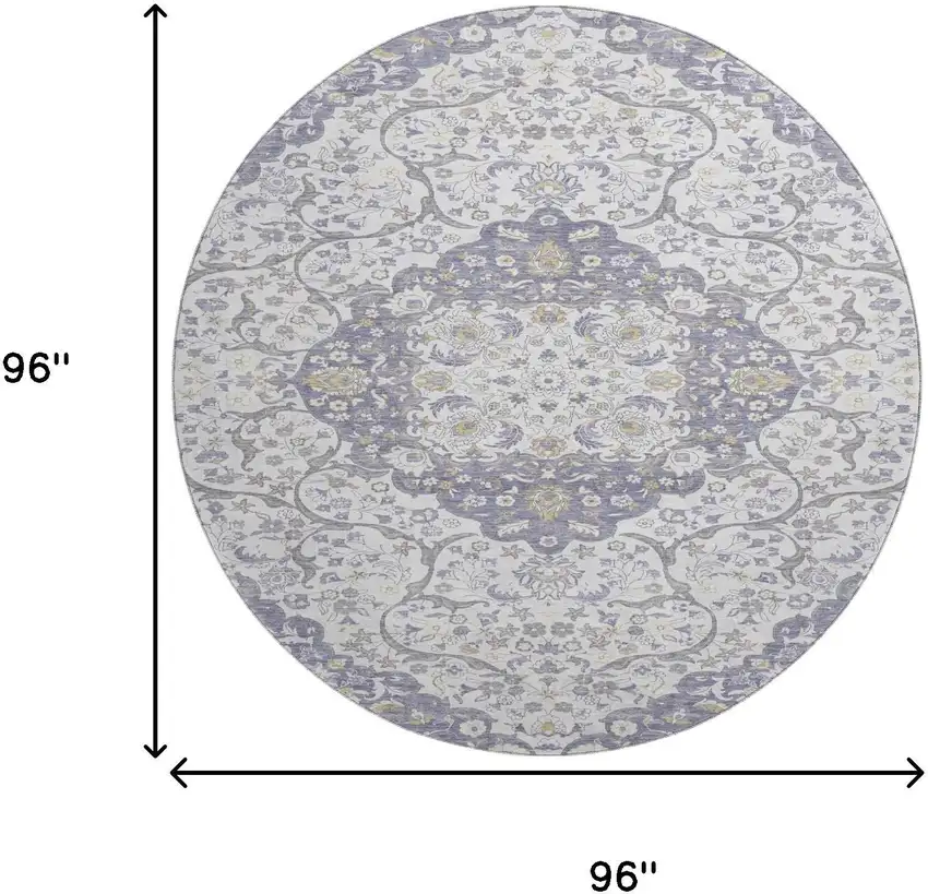 8' Lavender Ivory And Gold Medallion Washable Round Rug With UV Protection Photo 9