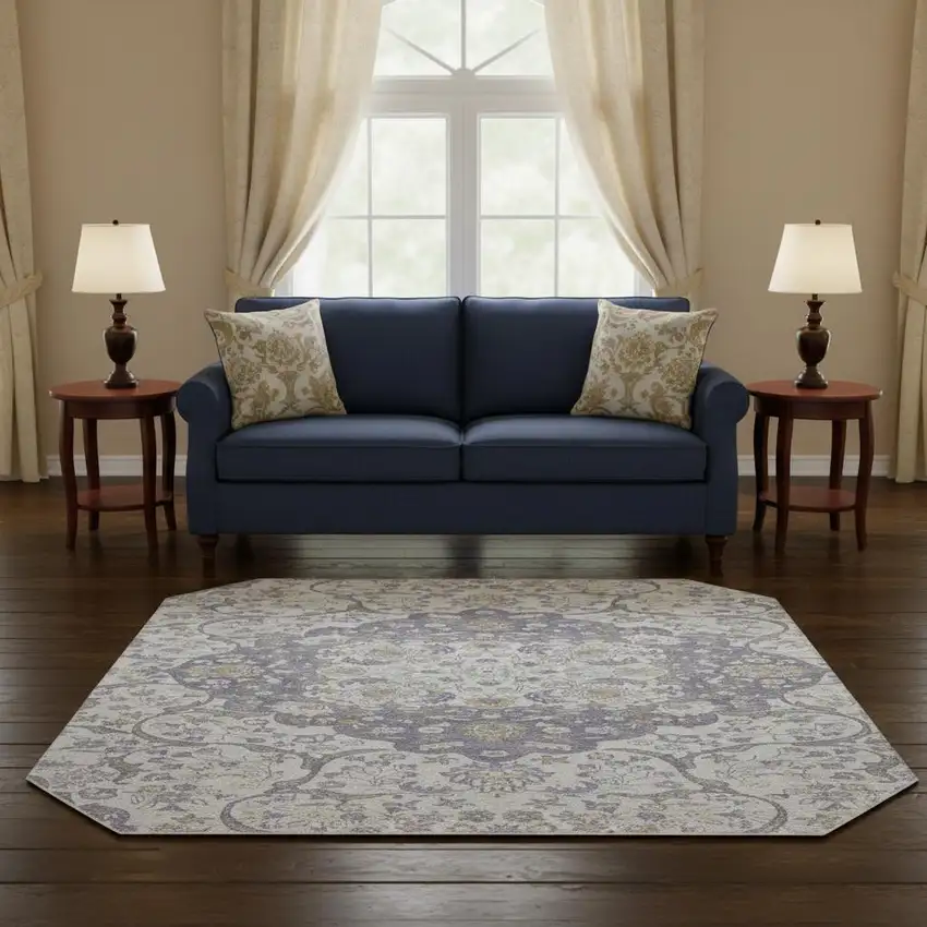 8' Lavender Ivory And Gold Medallion Washable Round Rug With UV Protection Photo 2