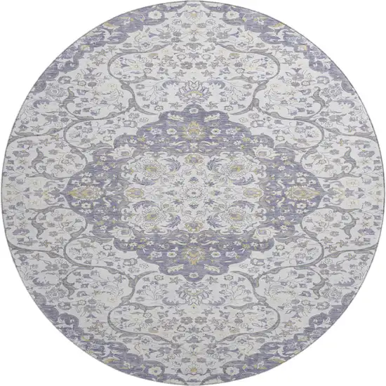 8' Lavender Ivory And Gold Medallion Washable Round Rug With UV Protection Photo 1