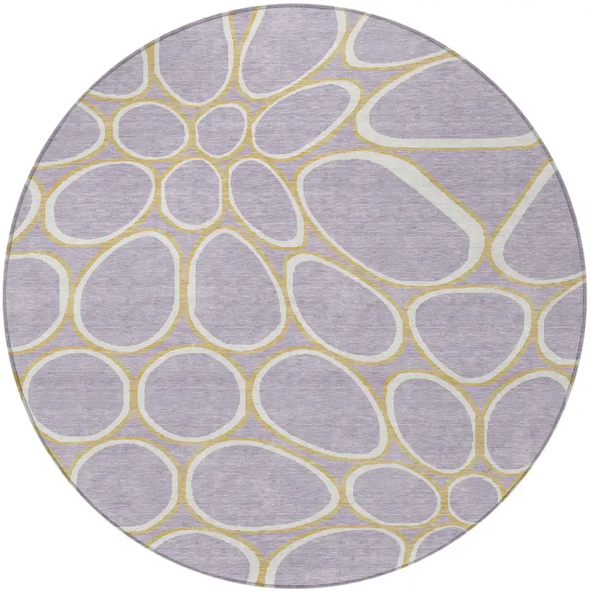 8' Lavender Ivory And Gold Round Abstract Washable Indoor Outdoor Area Rug Photo 6