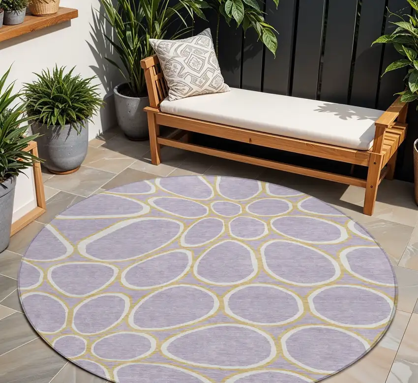 8' Lavender Ivory And Gold Round Abstract Washable Indoor Outdoor Area Rug Photo 1