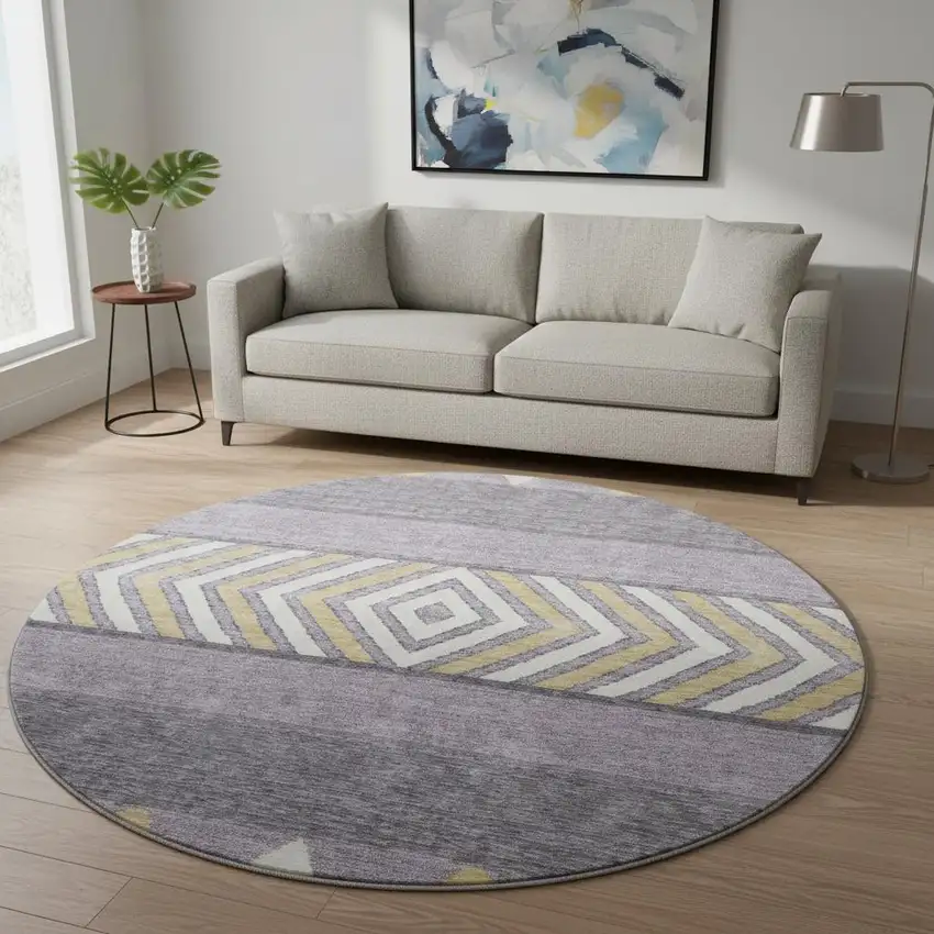 8' Lavender Ivory And Gold Southwestern Washable Round Rug With UV Protection Photo 2