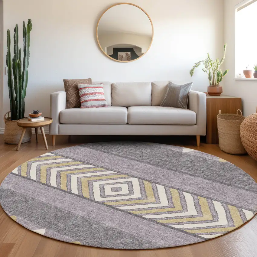 8' Lavender Ivory And Gold Southwestern Washable Round Rug With UV Protection Photo 3