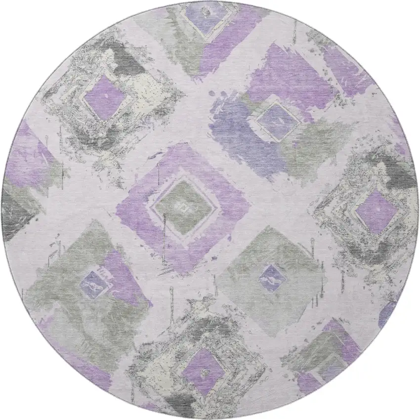 8' Lavender Ivory And Gray Abstract Geometric Washable Round Rug With UV Protection Photo 3