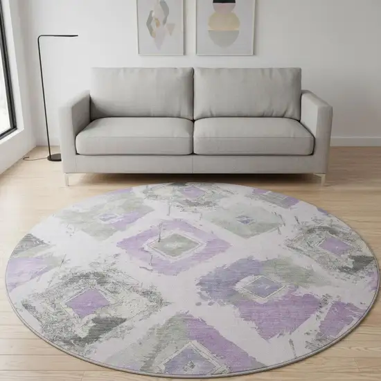 8' Lavender Ivory And Gray Abstract Geometric Washable Round Rug With UV Protection Photo 2