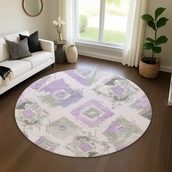 8' Lavender Ivory And Gray Abstract Geometric Washable Round Rug With UV Protection Photo 4