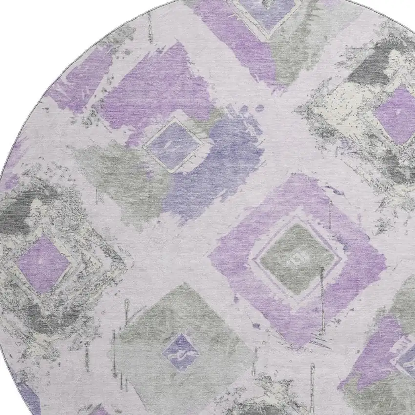 8' Lavender Ivory And Gray Abstract Geometric Washable Round Rug With UV Protection Photo 2