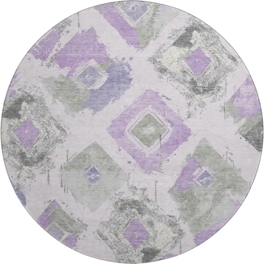 8' Lavender Ivory And Gray Abstract Geometric Washable Round Rug With UV Protection Photo 1