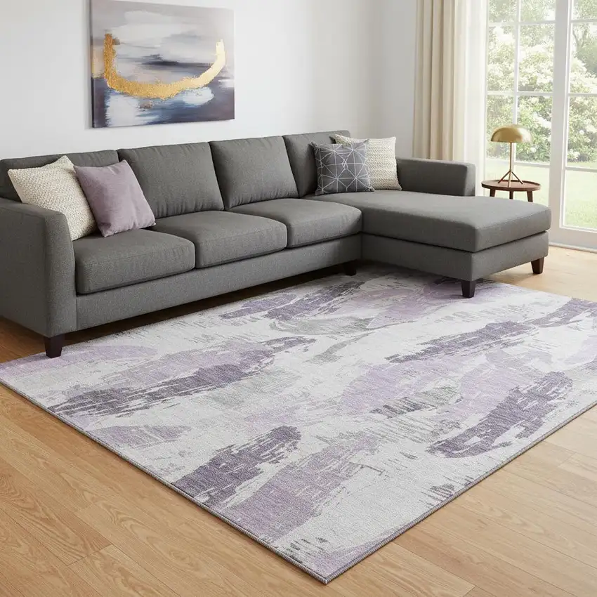 8' Lavender Ivory And Gray Abstract Washable Area Rug With UV Protection Photo 2