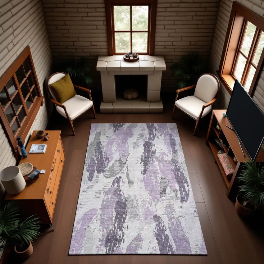 8' Lavender Ivory And Gray Abstract Washable Area Rug With UV Protection Photo 4
