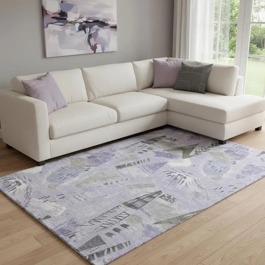 8' Lavender Ivory And Gray Geometric Washable Area Rug With UV Protection Photo 2