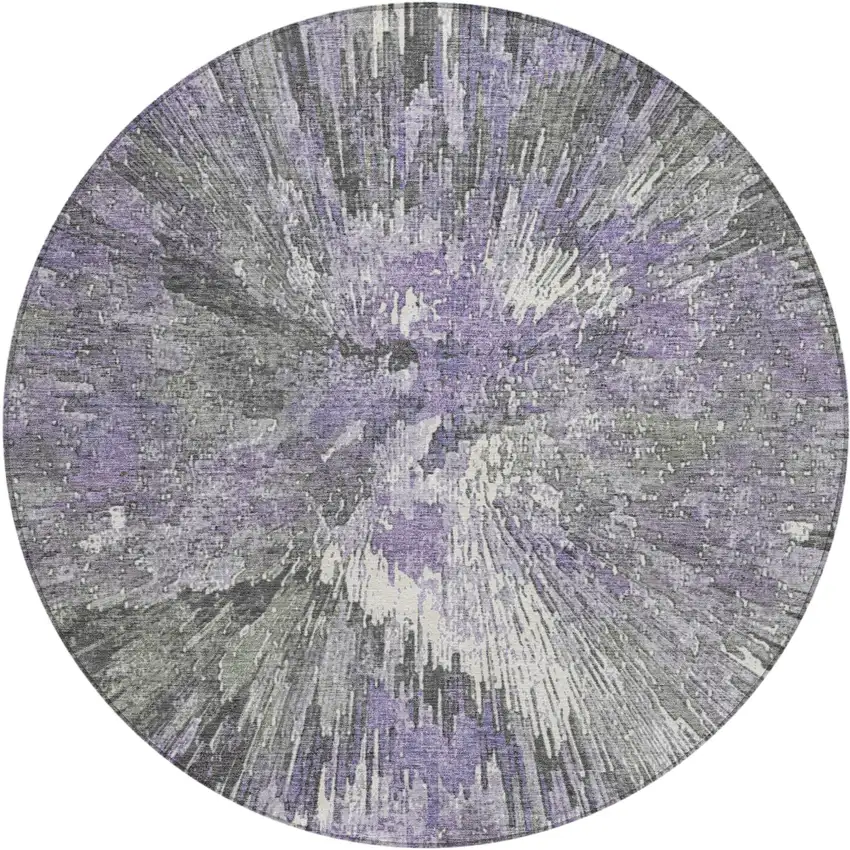 8' Lavender Ivory And Gray Round Abstract Washable Indoor Outdoor Area Rug Photo 2