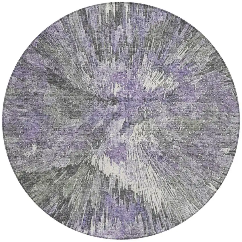 8' Lavender Ivory And Gray Round Abstract Washable Indoor Outdoor Area Rug Photo 4