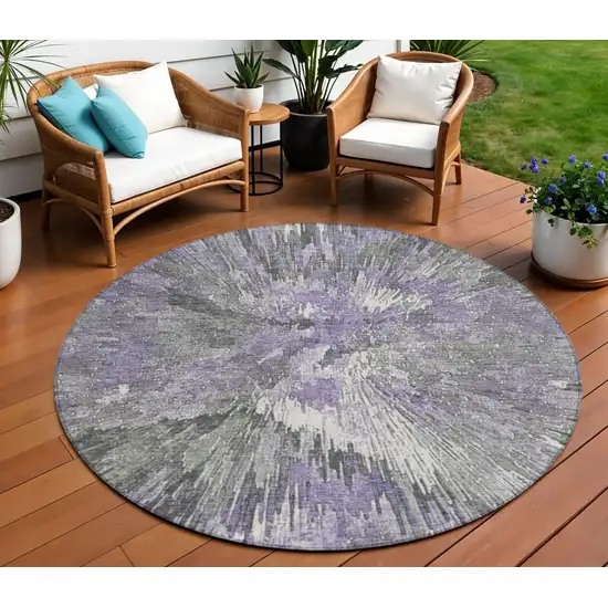 8' Lavender Ivory And Gray Round Abstract Washable Indoor Outdoor Area Rug Photo 1