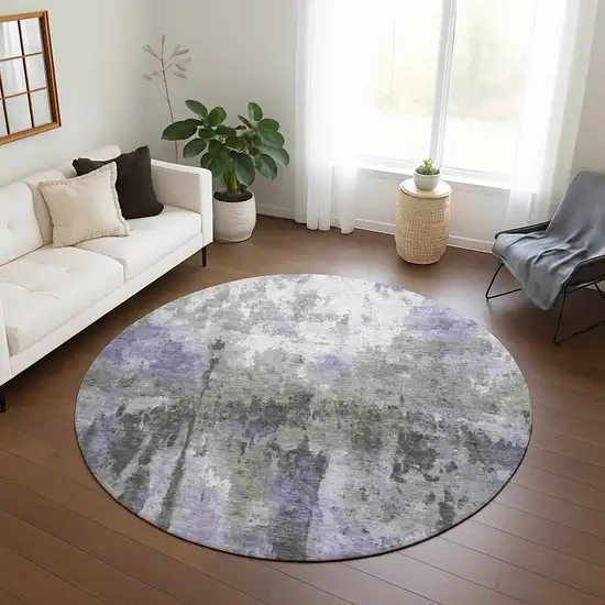 8' Lavender Ivory And Gray Round Abstract Washable Indoor Outdoor Area Rug Photo 8