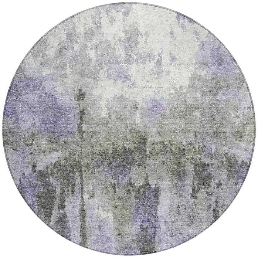 8' Lavender Ivory And Gray Round Abstract Washable Indoor Outdoor Area Rug Photo 4
