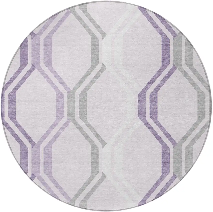 8' Lavender Ivory And Gray Round Geometric Washable Indoor Outdoor Area Rug Photo 5