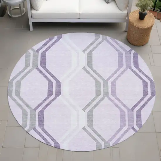 8' Lavender Ivory And Gray Round Geometric Washable Indoor Outdoor Area Rug Photo 8