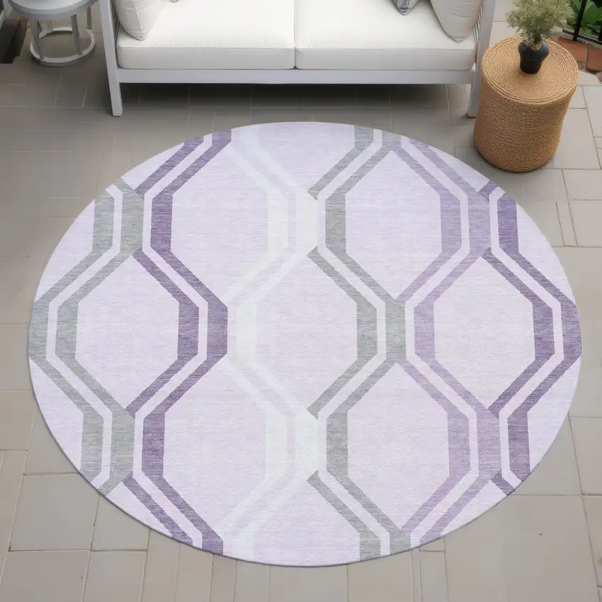 8' Lavender Ivory And Gray Round Geometric Washable Indoor Outdoor Area Rug Photo 8