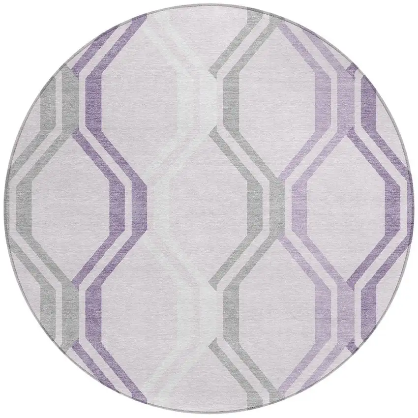 8' Lavender Ivory And Gray Round Geometric Washable Indoor Outdoor Area Rug Photo 4