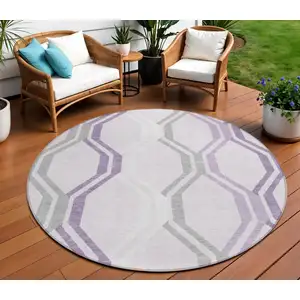 Photo of 8' Lavender Ivory And Gray Round Geometric Washable Indoor Outdoor Area Rug