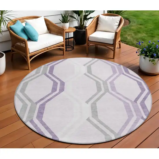 8' Lavender Ivory And Gray Round Geometric Washable Indoor Outdoor Area Rug Photo 1