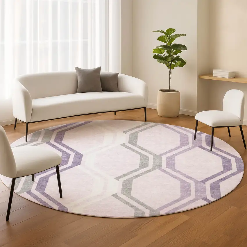 8' Lavender Ivory And Gray Round Geometric Washable Indoor Outdoor Area Rug Photo 9