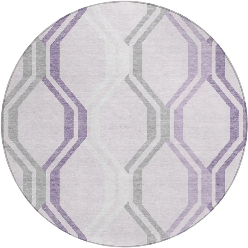8' Lavender Ivory And Gray Round Geometric Washable Indoor Outdoor Area Rug Photo 2