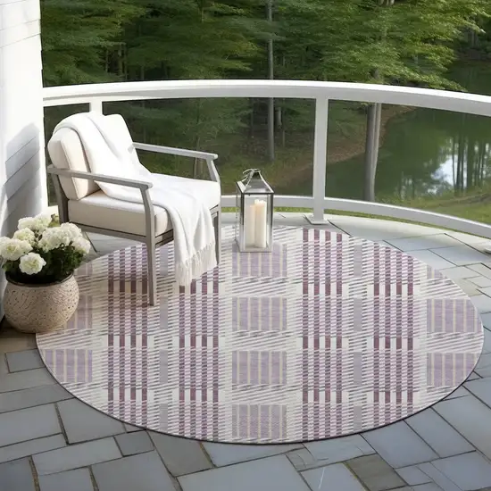 8' Lavender Ivory And Gray Round Plaid Washable Indoor Outdoor Area Rug Photo 7
