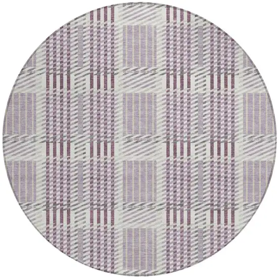 8' Lavender Ivory And Gray Round Plaid Washable Indoor Outdoor Area Rug Photo 6