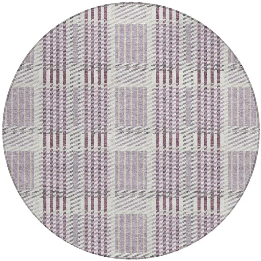 8' Lavender Ivory And Gray Round Plaid Washable Indoor Outdoor Area Rug Photo 6