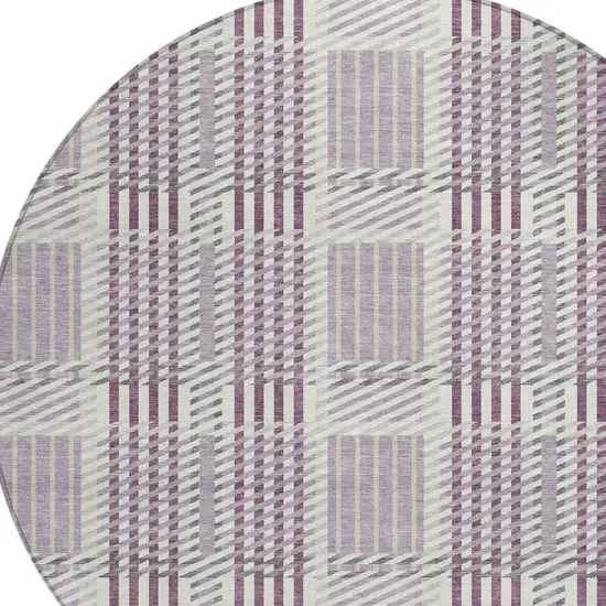 8' Lavender Ivory And Gray Round Plaid Washable Indoor Outdoor Area Rug Photo 4