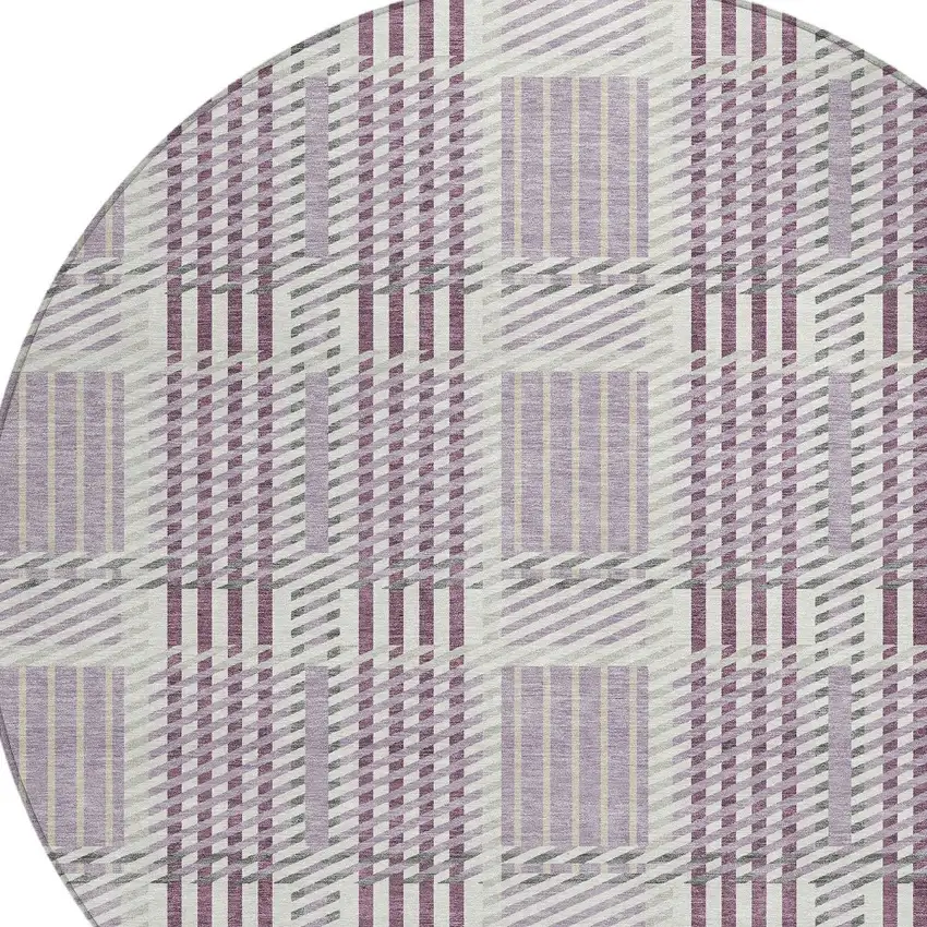 8' Lavender Ivory And Gray Round Plaid Washable Indoor Outdoor Area Rug Photo 4