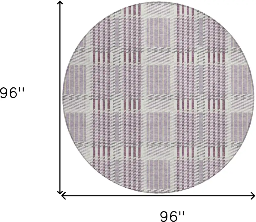 8' Lavender Ivory And Gray Round Plaid Washable Indoor Outdoor Area Rug Photo 3