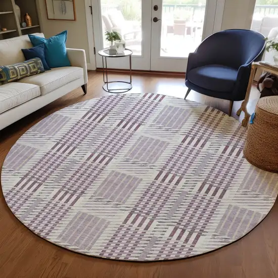 8' Lavender Ivory And Gray Round Plaid Washable Indoor Outdoor Area Rug Photo 8