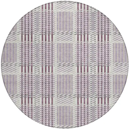 8' Lavender Ivory And Gray Round Plaid Washable Indoor Outdoor Area Rug Photo 2