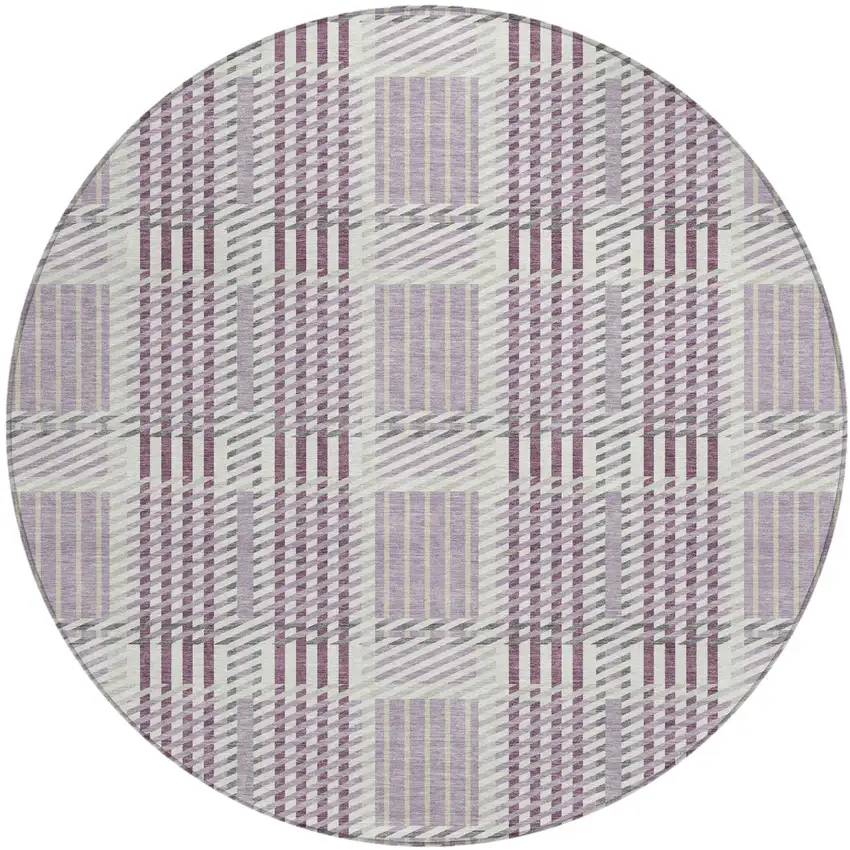 8' Lavender Ivory And Gray Round Plaid Washable Indoor Outdoor Area Rug Photo 2