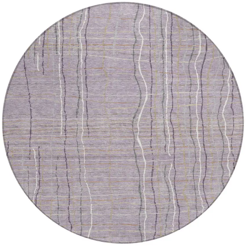 8' Lavender Ivory And Gray Round Striped Washable Indoor Outdoor Area Rug Photo 6