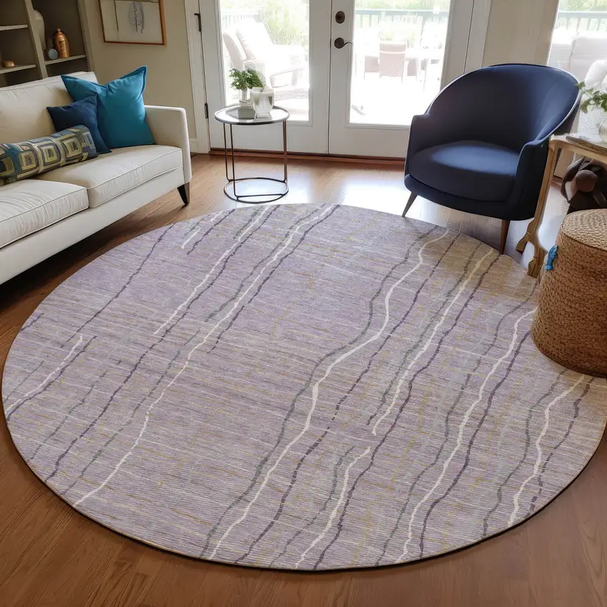 8' Lavender Ivory And Gray Round Striped Washable Indoor Outdoor Area Rug Photo 8