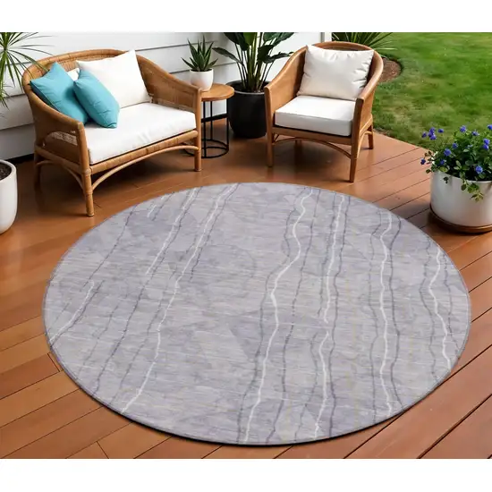 8' Lavender Ivory And Gray Round Striped Washable Indoor Outdoor Area Rug Photo 1