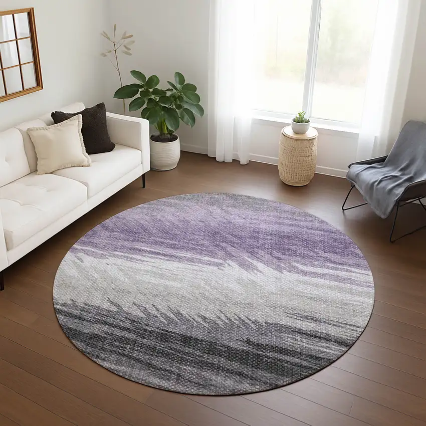 8' Lavender Ivory And Gray Round Striped Washable Indoor Outdoor Area Rug Photo 9