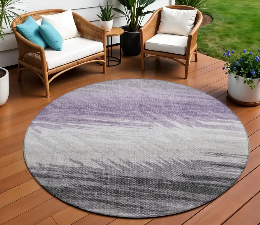 8' Lavender Ivory And Gray Round Striped Washable Indoor Outdoor Area Rug Photo 1