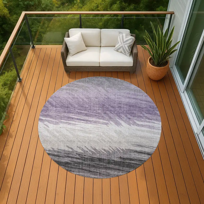 8' Lavender Ivory And Gray Round Striped Washable Indoor Outdoor Area Rug Photo 8