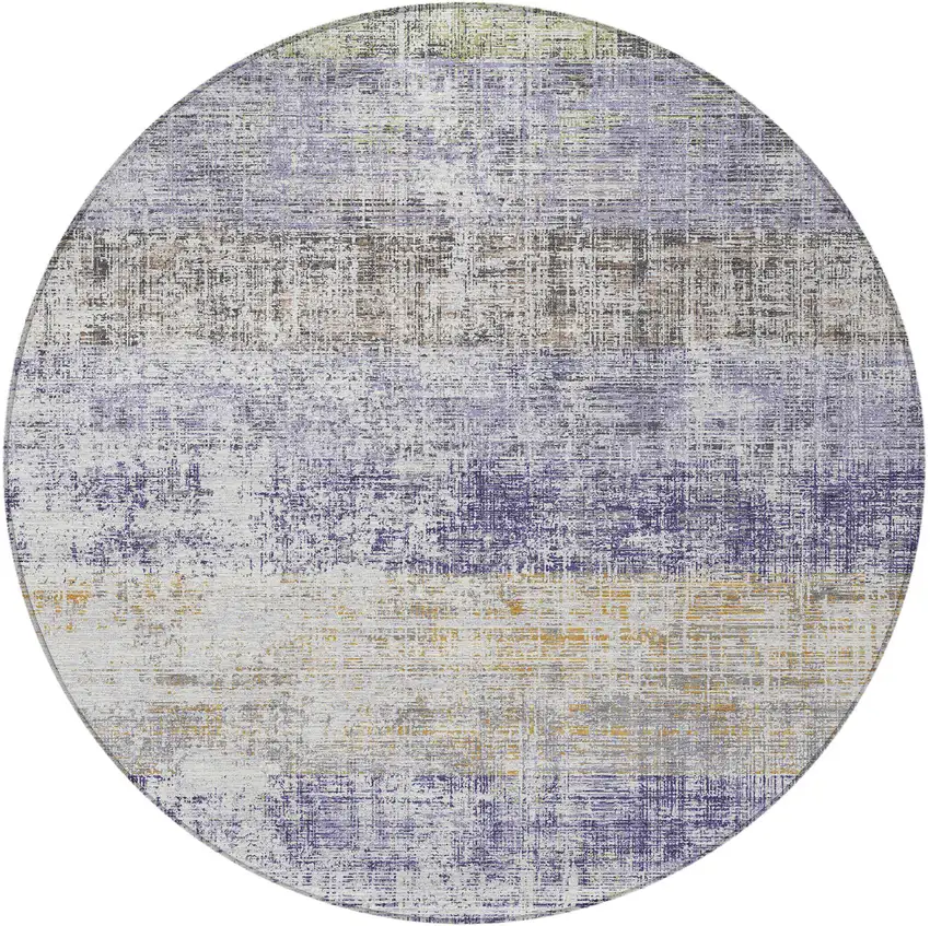 8' Lavender Ivory And Gray Round Striped Washable Indoor Outdoor Area Rug Photo 3