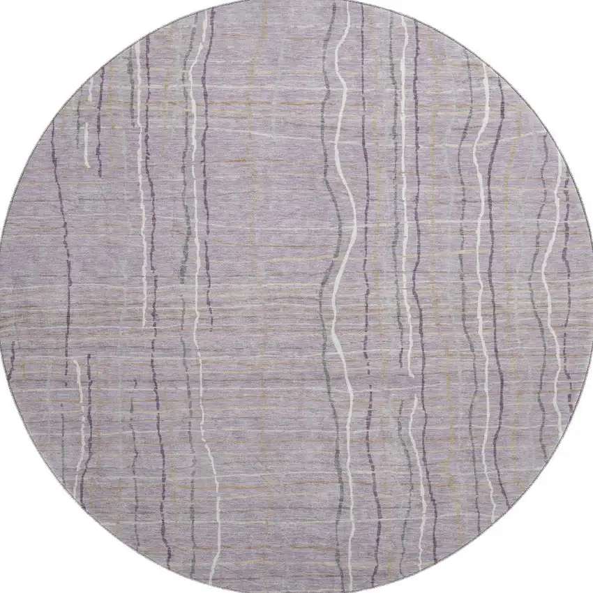 8' Lavender Ivory And Gray Striped Washable Round Rug With UV Protection Photo 3