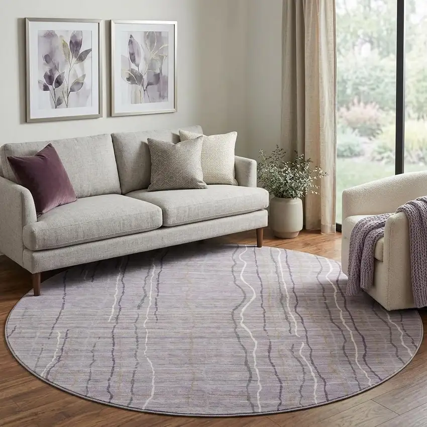 8' Lavender Ivory And Gray Striped Washable Round Rug With UV Protection Photo 1