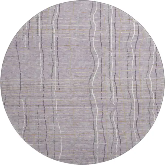 8' Lavender Ivory And Gray Striped Washable Round Rug With UV Protection Photo 1