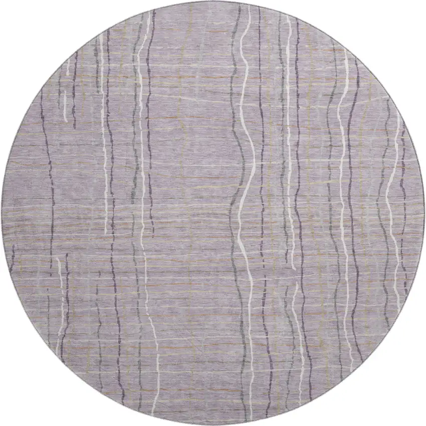 8' Lavender Ivory And Gray Striped Washable Round Rug With UV Protection Photo 1