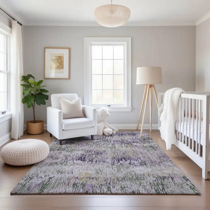 8' Lavender Ivory And Green Striped Washable Area Rug With UV Protection Photo 5
