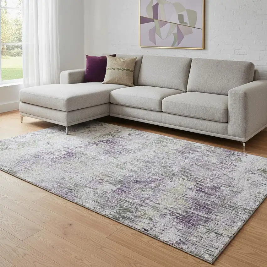 8' Lavender Ivory And Green Striped Washable Area Rug With UV Protection Photo 2